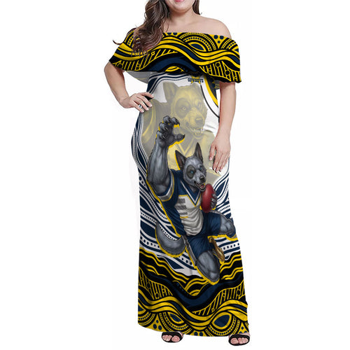 Personalized Melbourne Storm Family Matching Off Shoulder Maxi Dress and Hawaiian Shirt Aboriginal Dot Art - Dreamtime Rugby Mascot
