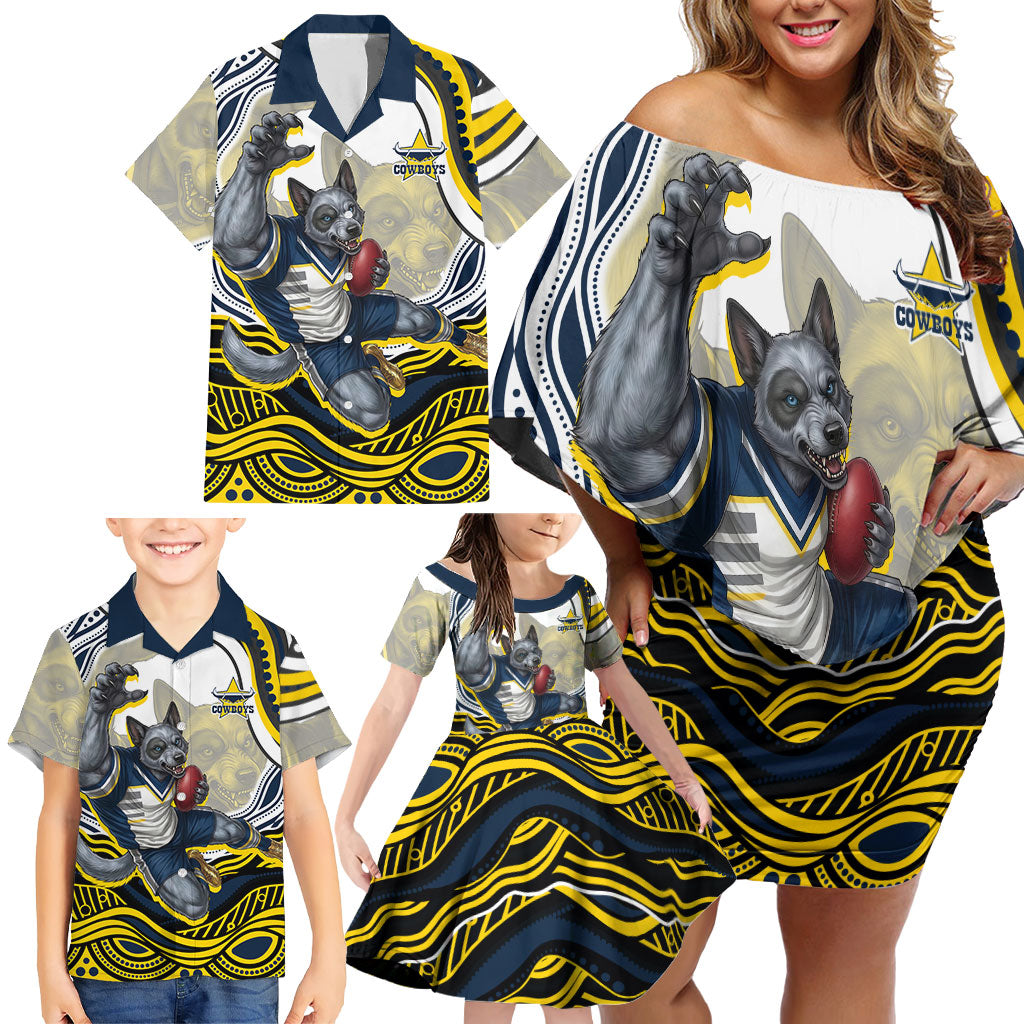 Personalized Melbourne Storm Family Matching Off Shoulder Short Dress and Hawaiian Shirt Aboriginal Dot Art - Dreamtime Rugby Mascot