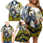 Personalized Melbourne Storm Family Matching Off Shoulder Short Dress and Hawaiian Shirt Aboriginal Dot Art - Dreamtime Rugby Mascot