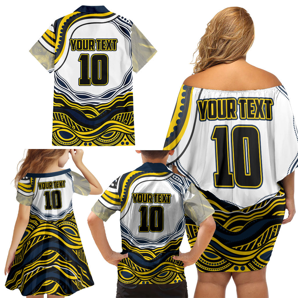 Personalized Melbourne Storm Family Matching Off Shoulder Short Dress and Hawaiian Shirt Aboriginal Dot Art - Dreamtime Rugby Mascot