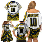 Personalized Melbourne Storm Family Matching Off Shoulder Short Dress and Hawaiian Shirt Aboriginal Dot Art - Dreamtime Rugby Mascot