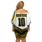 Personalized Melbourne Storm Family Matching Off Shoulder Short Dress and Hawaiian Shirt Aboriginal Dot Art - Dreamtime Rugby Mascot