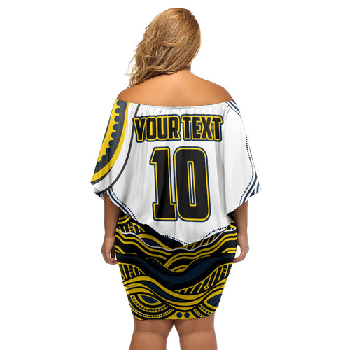 Personalized Melbourne Storm Family Matching Off Shoulder Short Dress and Hawaiian Shirt Aboriginal Dot Art - Dreamtime Rugby Mascot