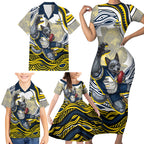 Personalized Melbourne Storm Family Matching Short Sleeve Bodycon Dress and Hawaiian Shirt Aboriginal Dot Art - Dreamtime Rugby Mascot