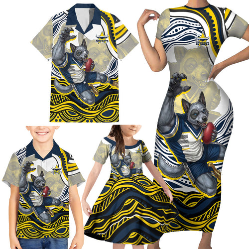 Personalized Melbourne Storm Family Matching Short Sleeve Bodycon Dress and Hawaiian Shirt Aboriginal Dot Art - Dreamtime Rugby Mascot