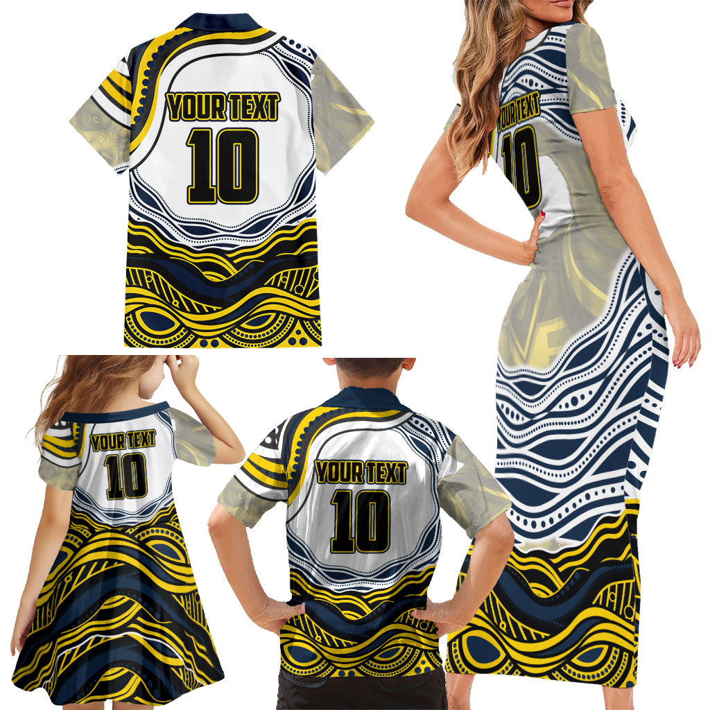 Personalized Melbourne Storm Family Matching Short Sleeve Bodycon Dress and Hawaiian Shirt Aboriginal Dot Art - Dreamtime Rugby Mascot