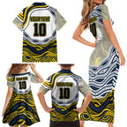 Personalized Melbourne Storm Family Matching Short Sleeve Bodycon Dress and Hawaiian Shirt Aboriginal Dot Art - Dreamtime Rugby Mascot