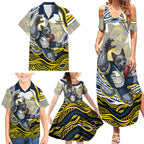 Personalized Melbourne Storm Family Matching Summer Maxi Dress and Hawaiian Shirt Aboriginal Dot Art - Dreamtime Rugby Mascot