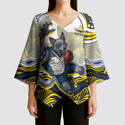 Personalized Melbourne Storm Kimono Sleeve Blouse Aboriginal Dot Art - Dreamtime Rugby Mascot