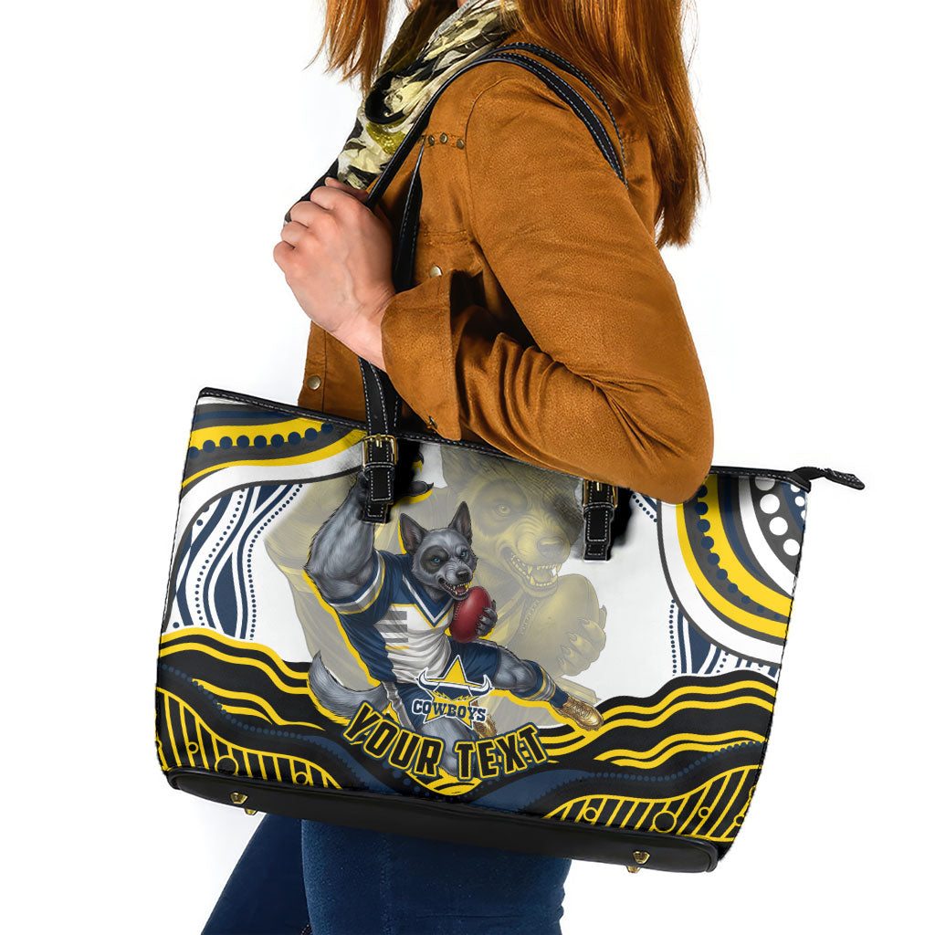 Personalized Melbourne Storm Leather Tote Bag Aboriginal Dot Art - Dreamtime Rugby Mascot