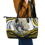 Personalized Melbourne Storm Leather Tote Bag Aboriginal Dot Art - Dreamtime Rugby Mascot
