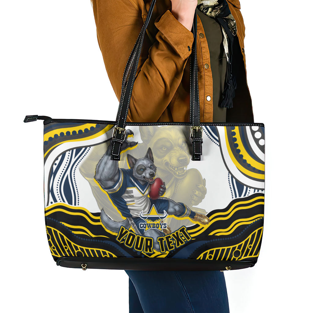 Personalized Melbourne Storm Leather Tote Bag Aboriginal Dot Art - Dreamtime Rugby Mascot