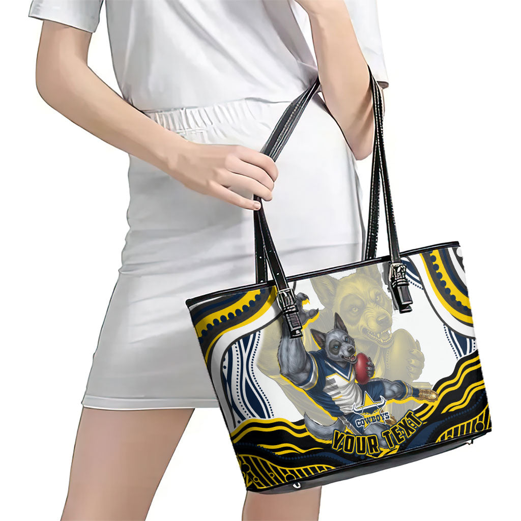 Personalized Melbourne Storm Leather Tote Bag Aboriginal Dot Art - Dreamtime Rugby Mascot