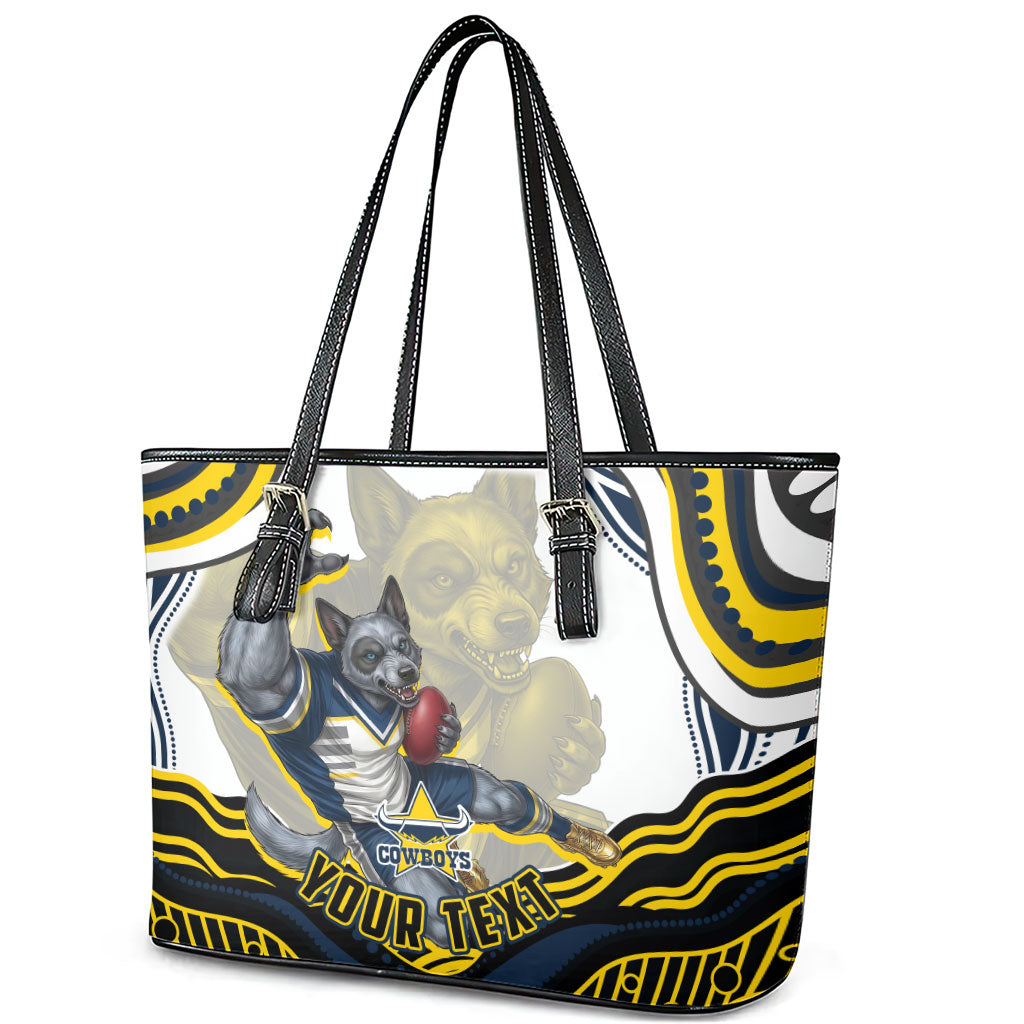 Personalized Melbourne Storm Leather Tote Bag Aboriginal Dot Art - Dreamtime Rugby Mascot