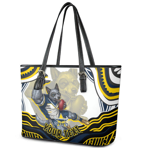 Personalized Melbourne Storm Leather Tote Bag Aboriginal Dot Art - Dreamtime Rugby Mascot