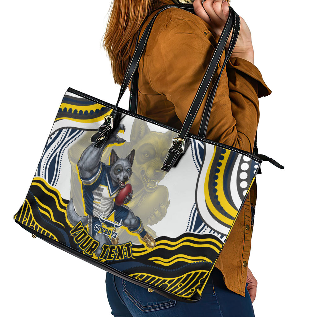 Personalized Melbourne Storm Leather Tote Bag Aboriginal Dot Art - Dreamtime Rugby Mascot