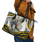 Personalized Melbourne Storm Leather Tote Bag Aboriginal Dot Art - Dreamtime Rugby Mascot