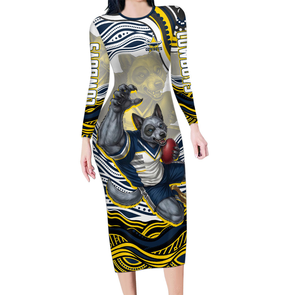 Personalized Melbourne Storm Long Sleeve Bodycon Dress Aboriginal Dot Art - Dreamtime Rugby Mascot