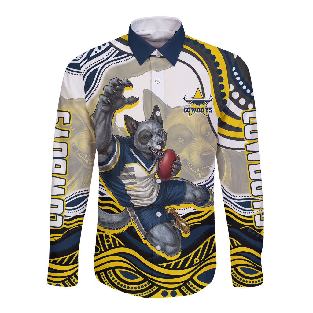 Personalized Melbourne Storm Long Sleeve Button Shirt Aboriginal Dot Art - Dreamtime Rugby Mascot