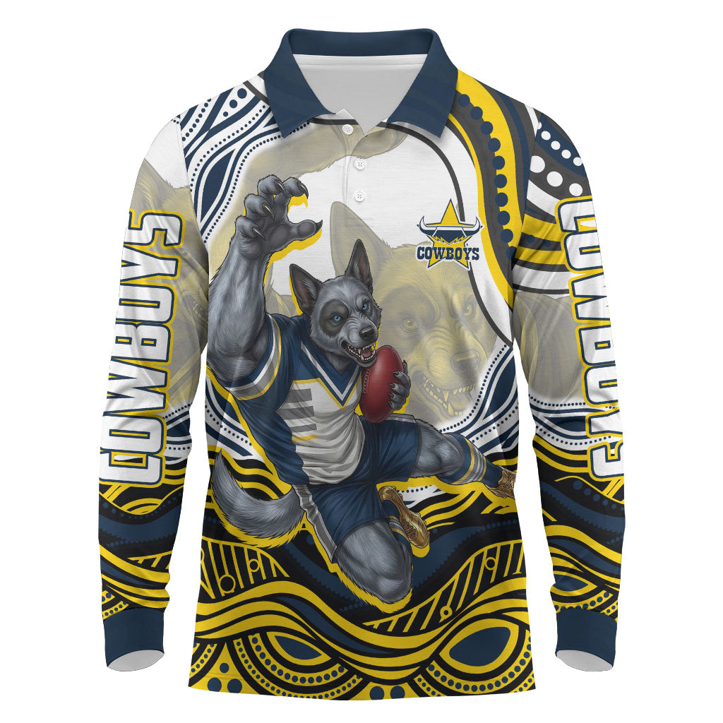 Personalized Melbourne Storm Long Sleeve Polo Shirt Aboriginal Dot Art - Dreamtime Rugby Mascot