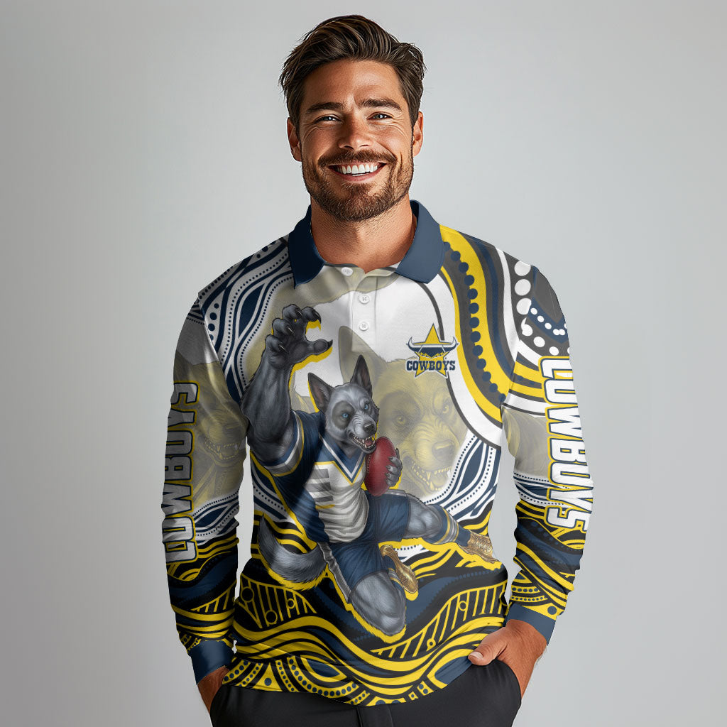 Personalized Melbourne Storm Long Sleeve Polo Shirt Aboriginal Dot Art - Dreamtime Rugby Mascot