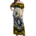 Personalized Melbourne Storm Off Shoulder Maxi Dress Aboriginal Dot Art - Dreamtime Rugby Mascot