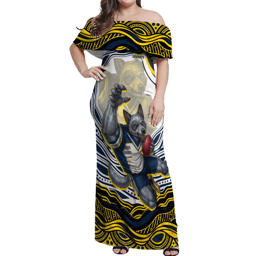 Personalized Melbourne Storm Off Shoulder Maxi Dress Aboriginal Dot Art - Dreamtime Rugby Mascot