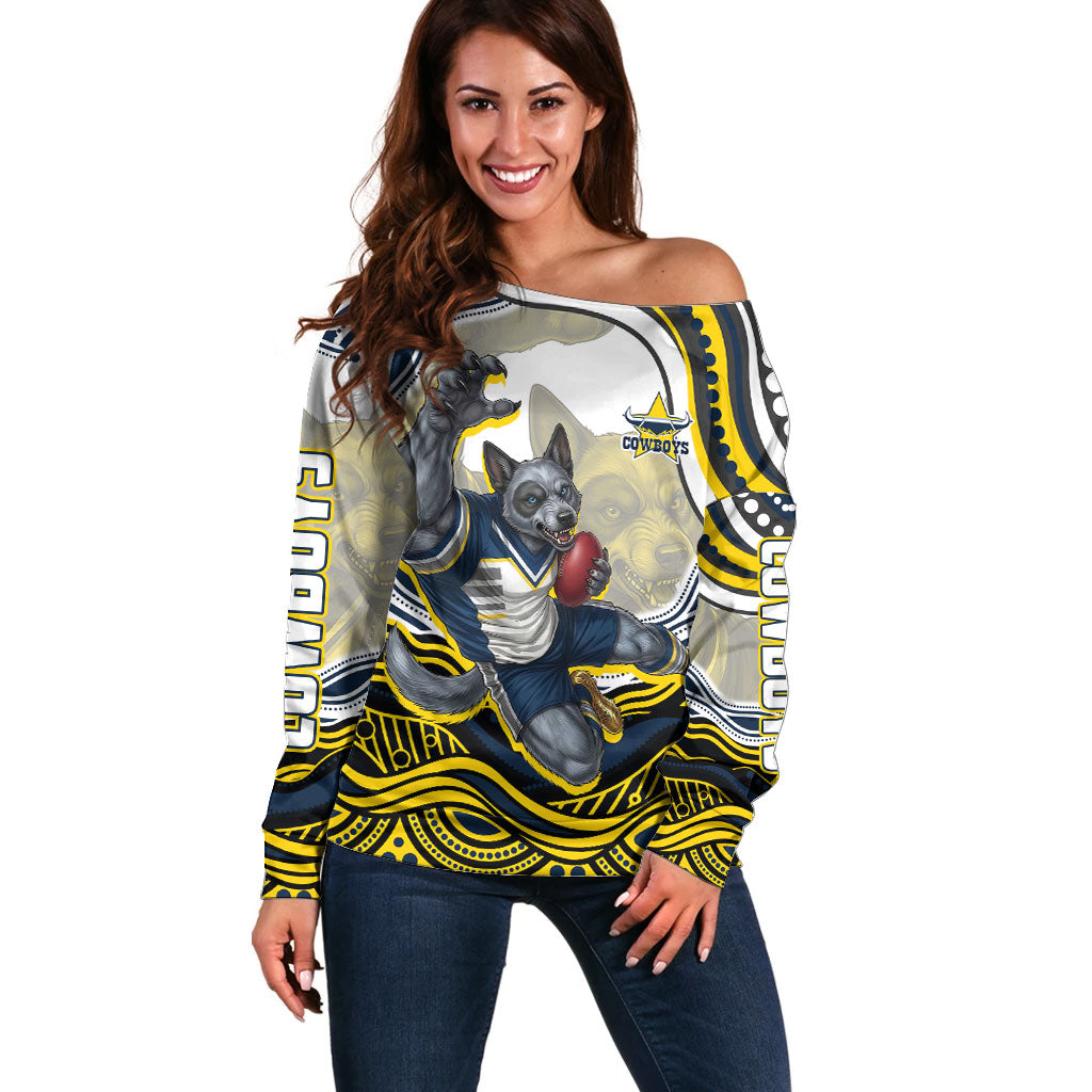 Personalized Melbourne Storm Off Shoulder Sweater Aboriginal Dot Art - Dreamtime Rugby Mascot