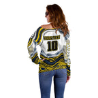 Personalized Melbourne Storm Off Shoulder Sweater Aboriginal Dot Art - Dreamtime Rugby Mascot