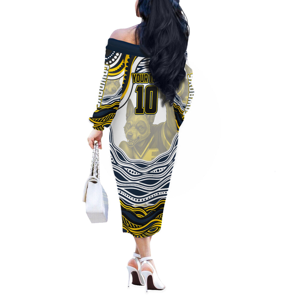 Personalized Melbourne Storm Off The Shoulder Long Sleeve Dress Aboriginal Dot Art - Dreamtime Rugby Mascot