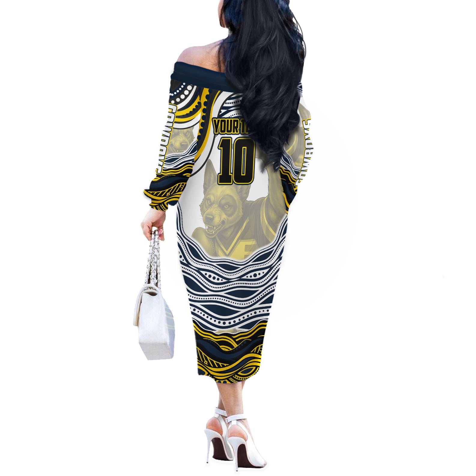 Personalized Melbourne Storm Off The Shoulder Long Sleeve Dress Aboriginal Dot Art - Dreamtime Rugby Mascot