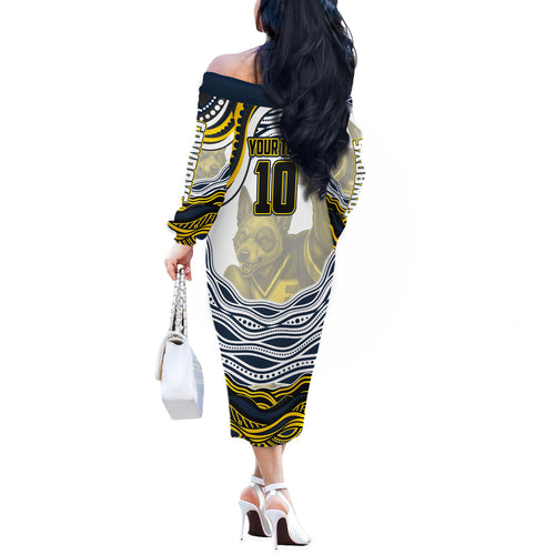 Personalized Melbourne Storm Off The Shoulder Long Sleeve Dress Aboriginal Dot Art - Dreamtime Rugby Mascot