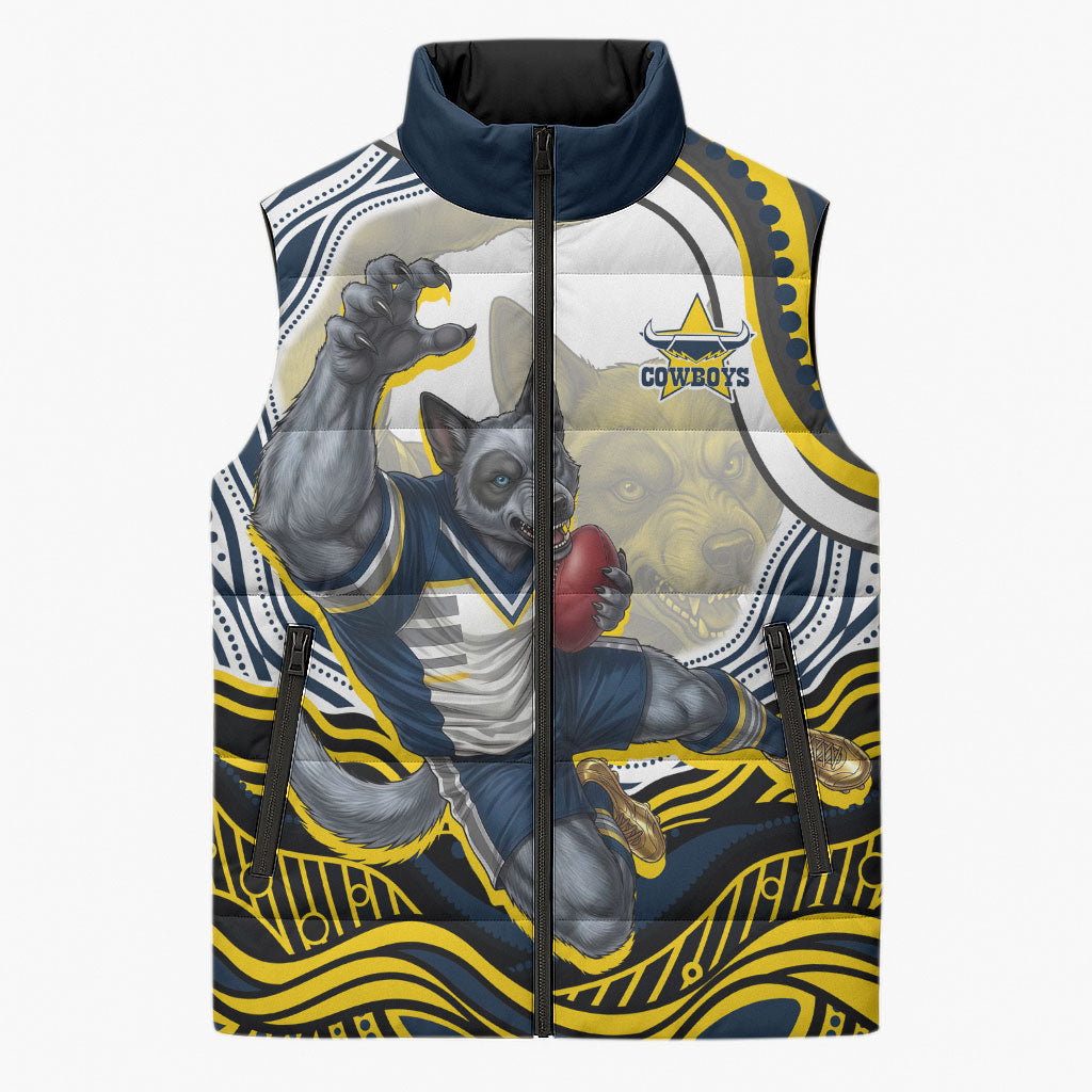 Personalized Melbourne Storm Sleeveless Puffer Jacket Aboriginal Dot Art - Dreamtime Rugby Mascot