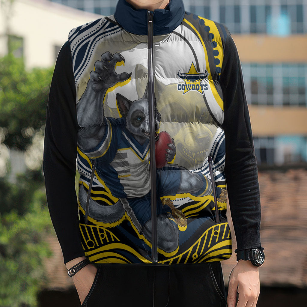 Personalized Melbourne Storm Sleeveless Puffer Jacket Aboriginal Dot Art - Dreamtime Rugby Mascot