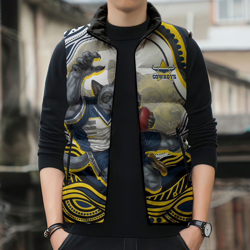 Personalized Melbourne Storm Sleeveless Puffer Jacket Aboriginal Dot Art - Dreamtime Rugby Mascot