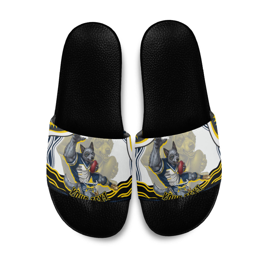 Personalized Melbourne Storm Slide Sandals Aboriginal Dot Art - Dreamtime Rugby Mascot