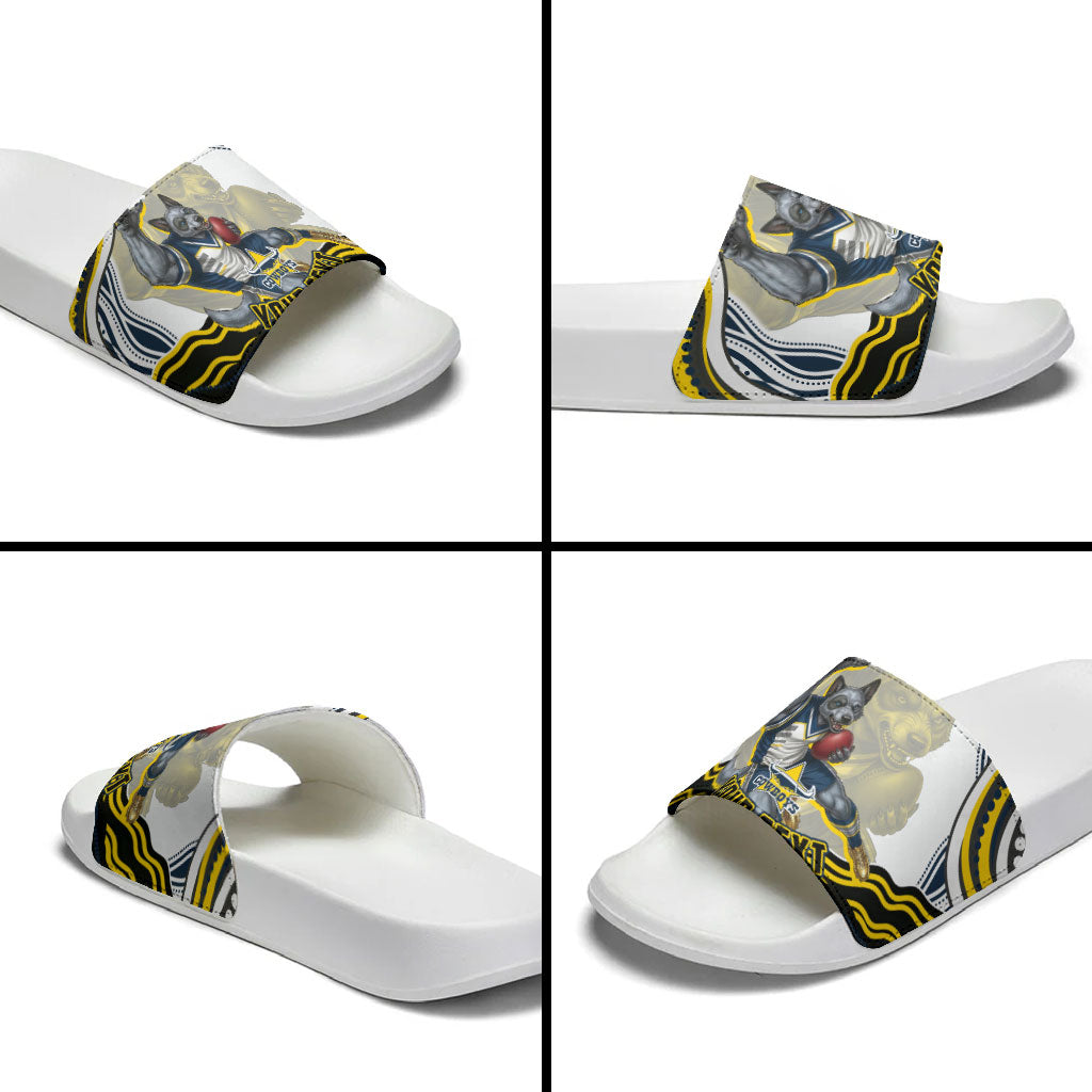 Personalized Melbourne Storm Slide Sandals Aboriginal Dot Art - Dreamtime Rugby Mascot
