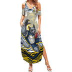 Personalized Melbourne Storm Summer Maxi Dress Aboriginal Dot Art - Dreamtime Rugby Mascot
