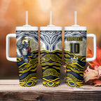 Personalized Melbourne Storm Tumbler With Handle Aboriginal Dot Art - Dreamtime Rugby Mascot