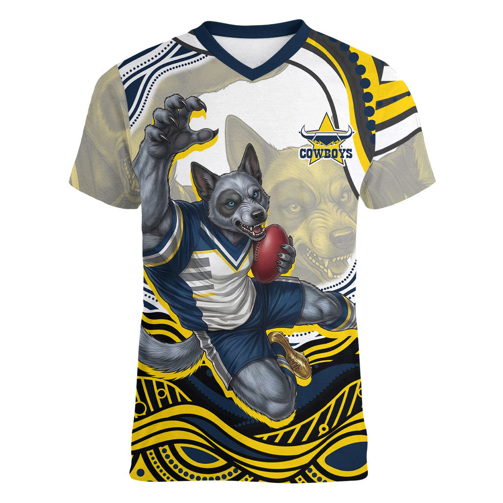 Personalized Melbourne Storm Women V-Neck T-Shirt Aboriginal Dot Art - Dreamtime Rugby Mascot