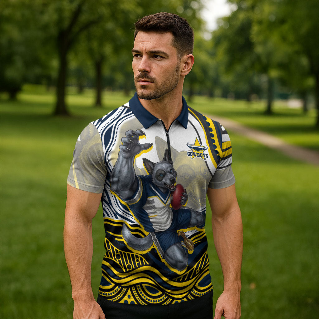 Personalized Melbourne Storm Zipper Polo Shirt Aboriginal Dot Art - Dreamtime Rugby Mascot