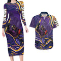 Personalized Gold Coast Titans Couples Matching Long Sleeve Bodycon Dress and Hawaiian Shirt Aboriginal Dot Art - Dreamtime Rugby Mascot