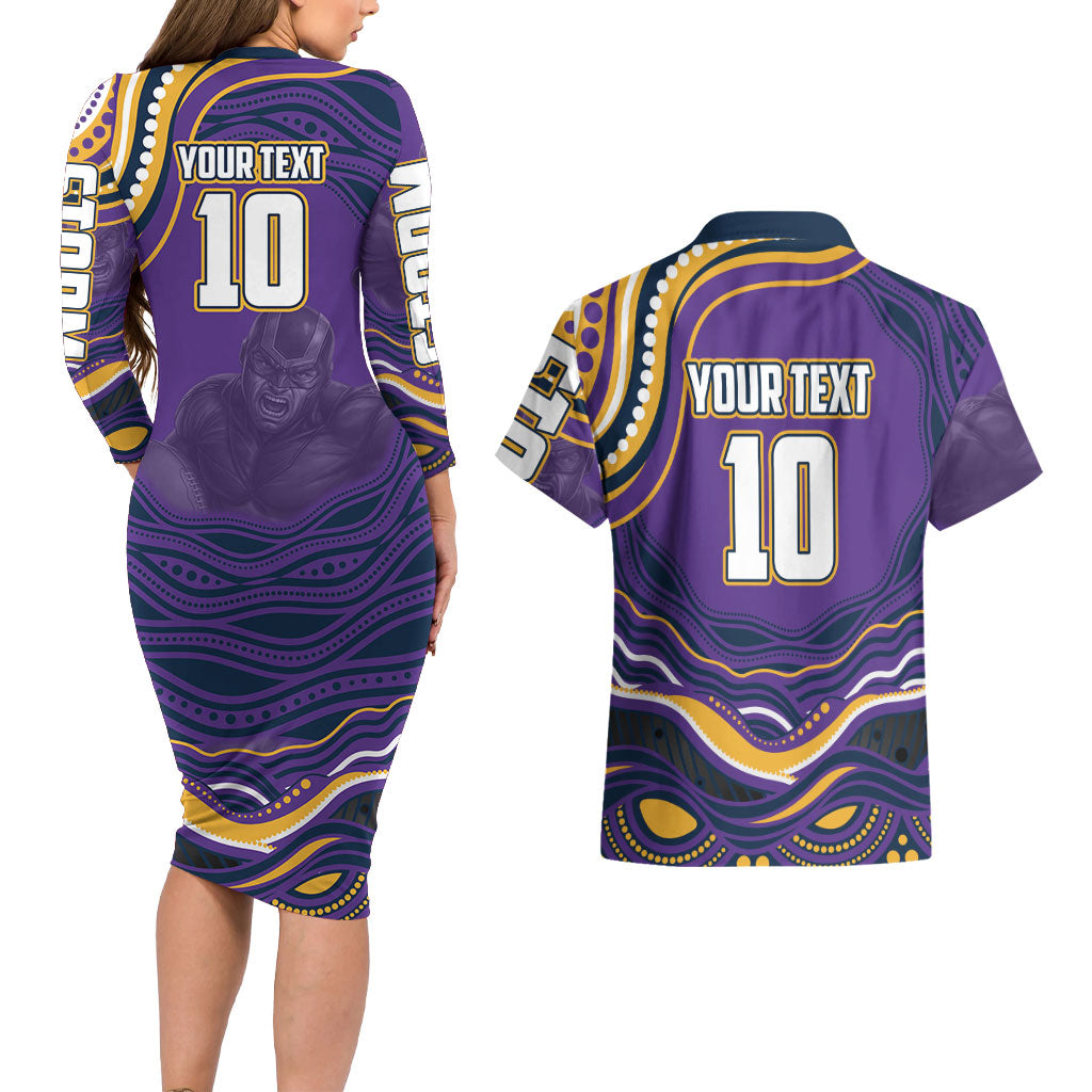 Personalized Gold Coast Titans Couples Matching Long Sleeve Bodycon Dress and Hawaiian Shirt Aboriginal Dot Art - Dreamtime Rugby Mascot