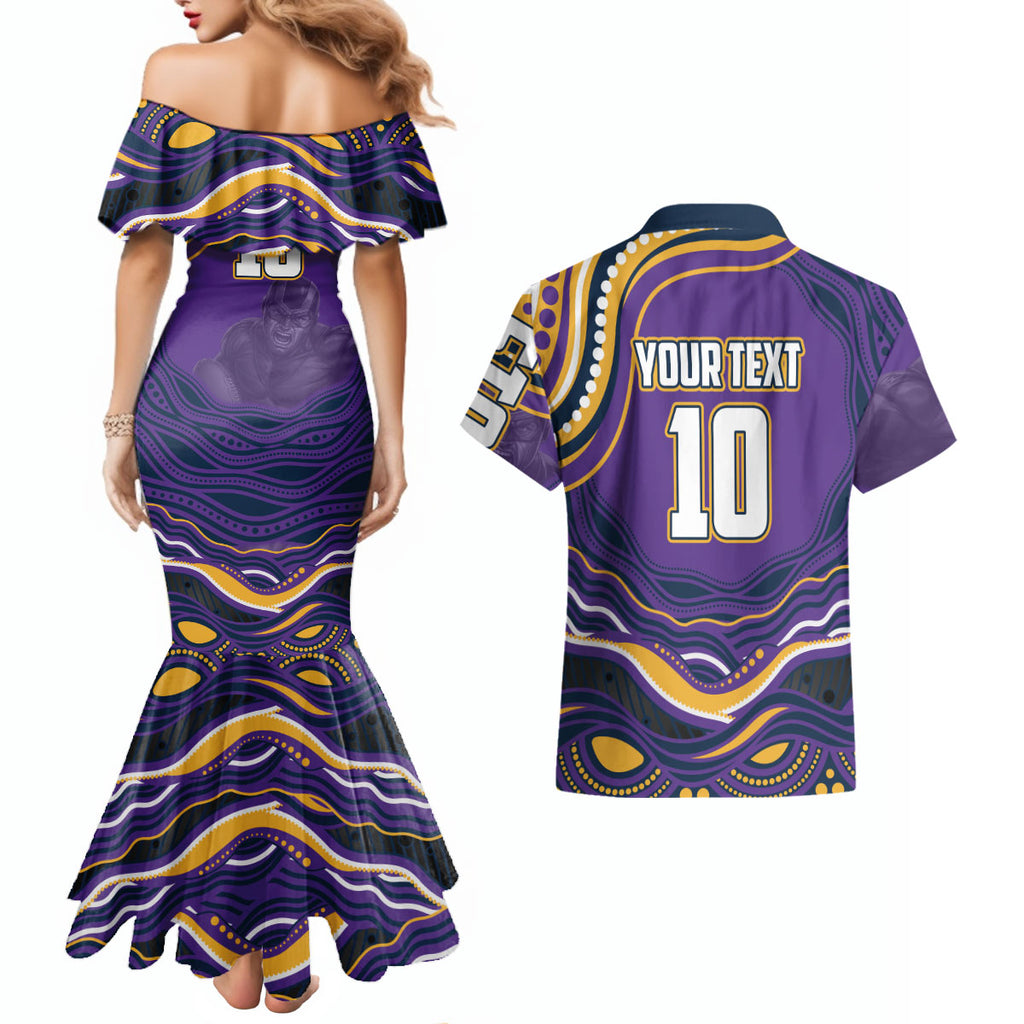 Personalized Gold Coast Titans Couples Matching Mermaid Dress and Hawaiian Shirt Aboriginal Dot Art - Dreamtime Rugby Mascot