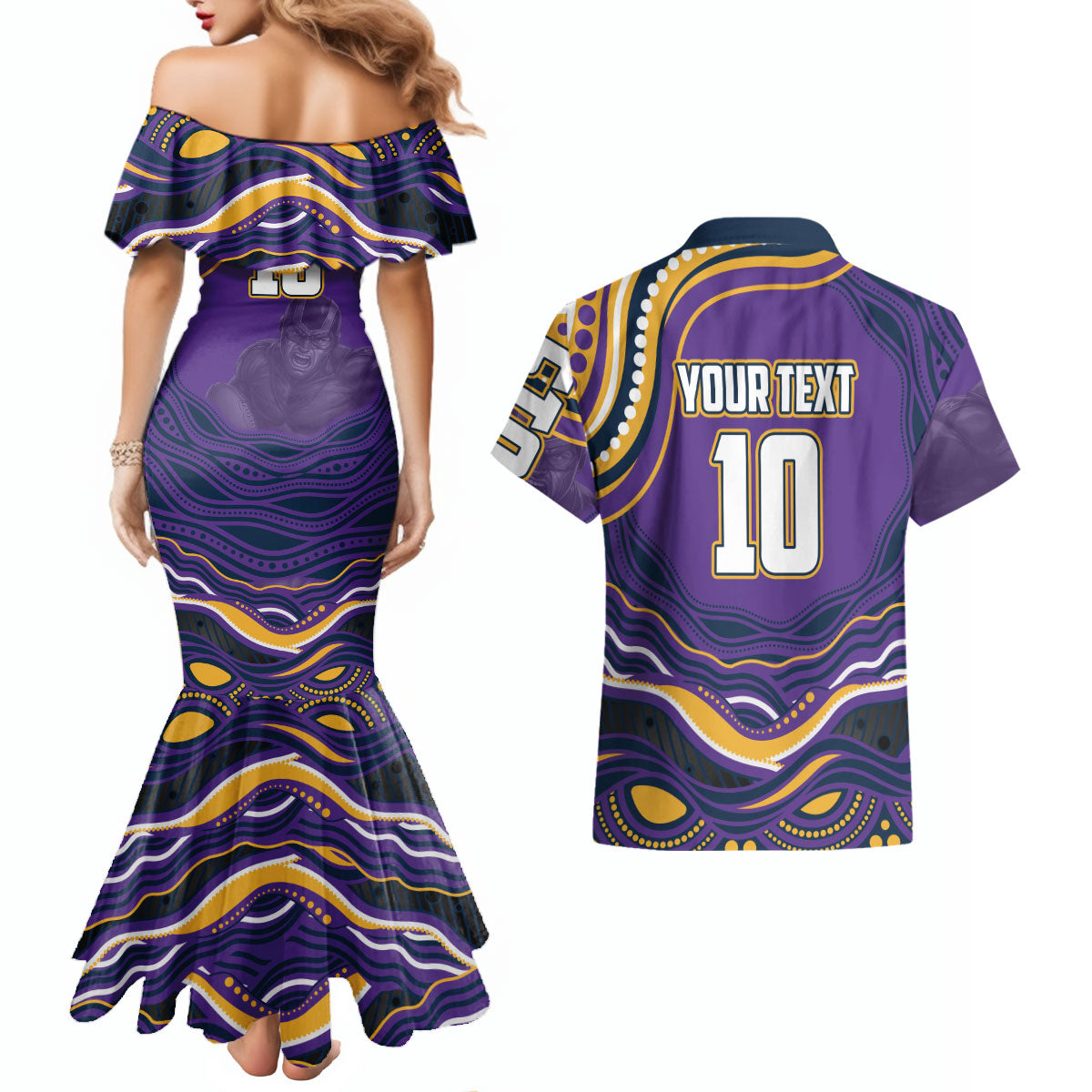 Personalized Gold Coast Titans Couples Matching Mermaid Dress and Hawaiian Shirt Aboriginal Dot Art - Dreamtime Rugby Mascot