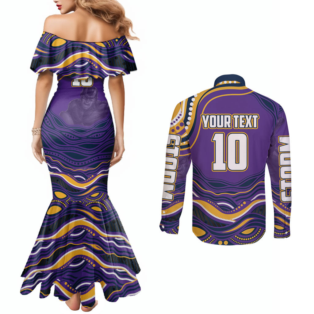 Personalized Gold Coast Titans Couples Matching Mermaid Dress and Long Sleeve Button Shirt Aboriginal Dot Art - Dreamtime Rugby Mascot