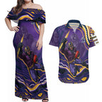 Personalized Gold Coast Titans Couples Matching Off Shoulder Maxi Dress and Hawaiian Shirt Aboriginal Dot Art - Dreamtime Rugby Mascot