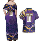 Personalized Gold Coast Titans Couples Matching Off Shoulder Maxi Dress and Hawaiian Shirt Aboriginal Dot Art - Dreamtime Rugby Mascot
