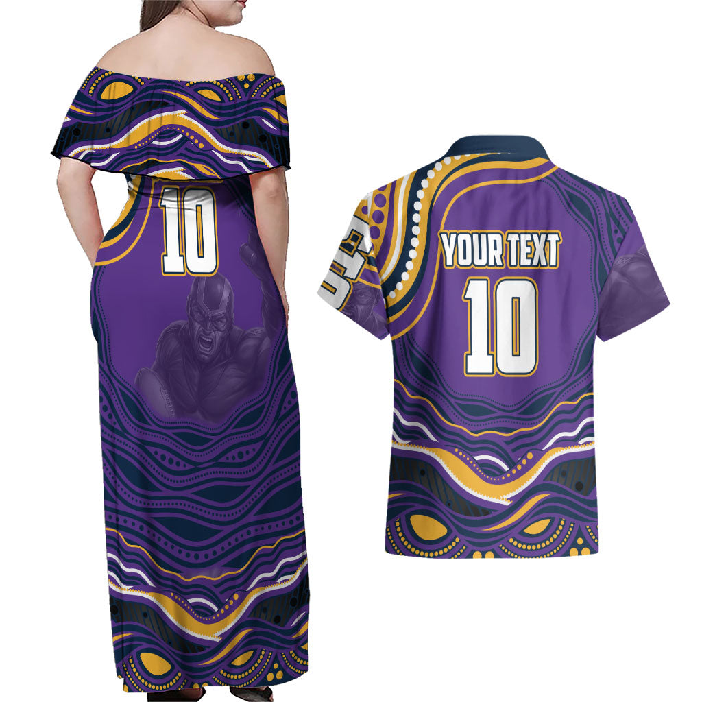 Personalized Gold Coast Titans Couples Matching Off Shoulder Maxi Dress and Hawaiian Shirt Aboriginal Dot Art - Dreamtime Rugby Mascot