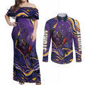 Personalized Gold Coast Titans Couples Matching Off Shoulder Maxi Dress and Long Sleeve Button Shirt Aboriginal Dot Art - Dreamtime Rugby Mascot